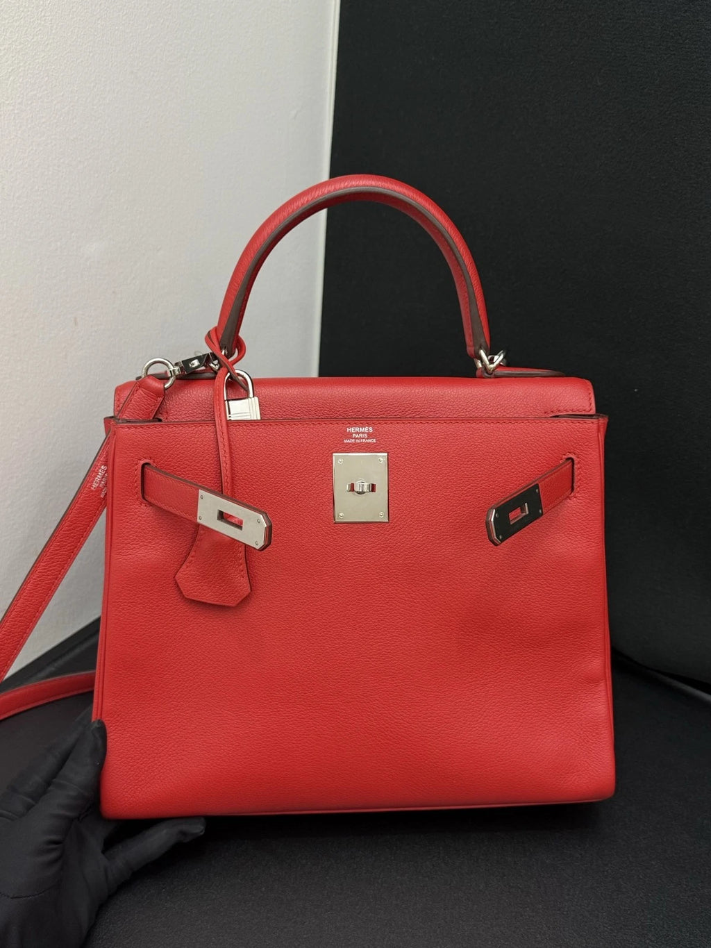 Hermes Kelly28 Evercolor Top Handle Bag Crossbody Red Silver Classic Women