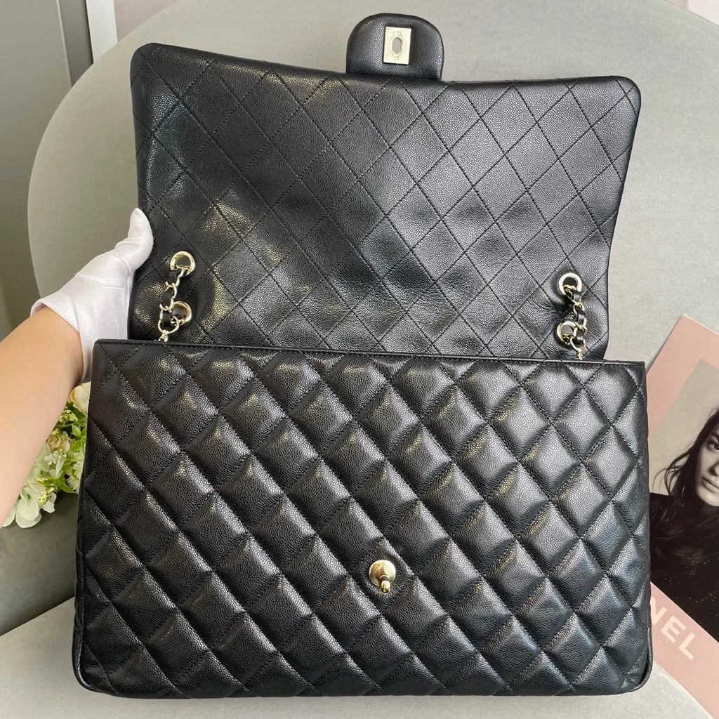 CHANEL Maxi Airport Tote Bag Black Gold Leather For Women