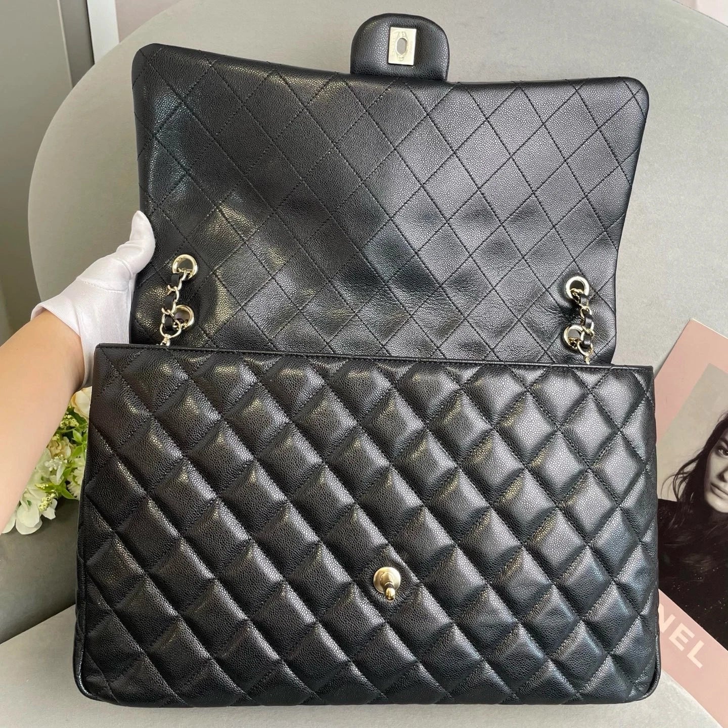CHANEL Maxi Airport Tote Bag Black Gold Leather For Women