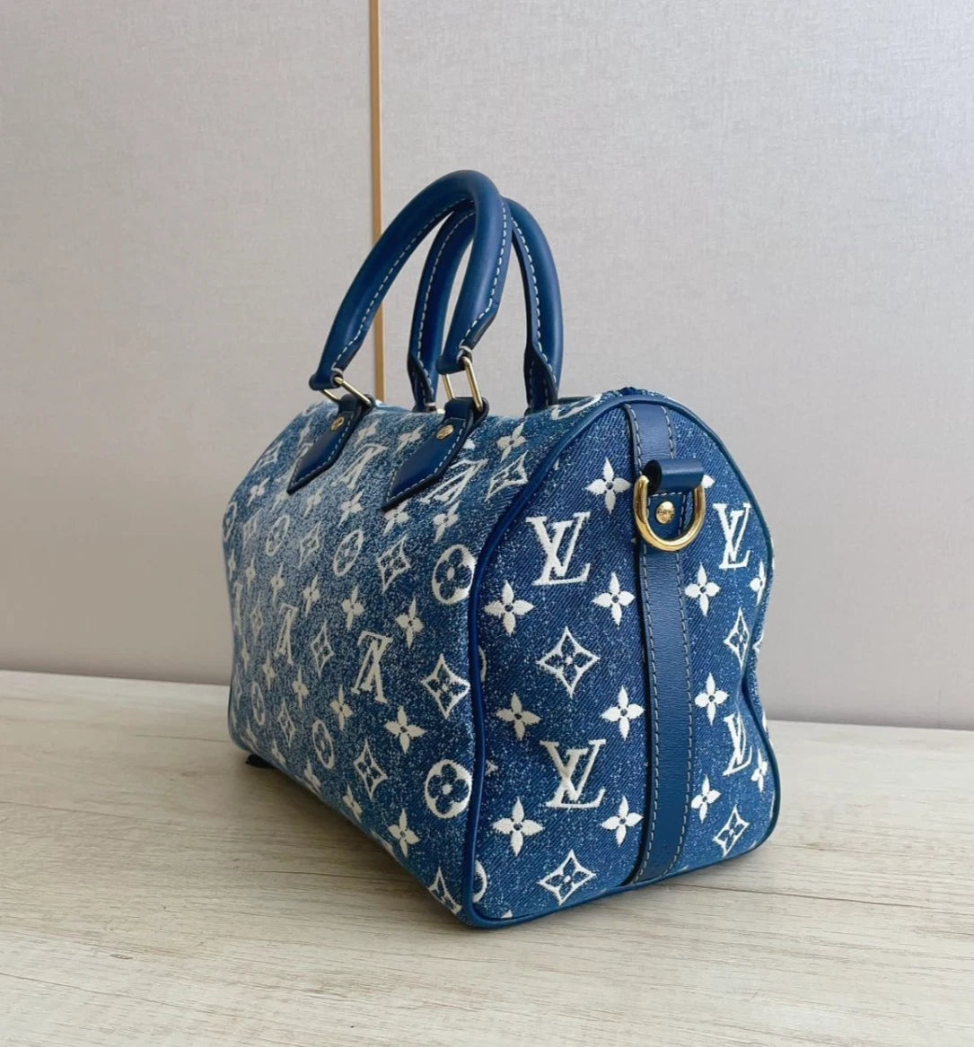 Louis Vuitton Speedy25 Denim Monogram Tote Top Handle Bag Shoulder Women