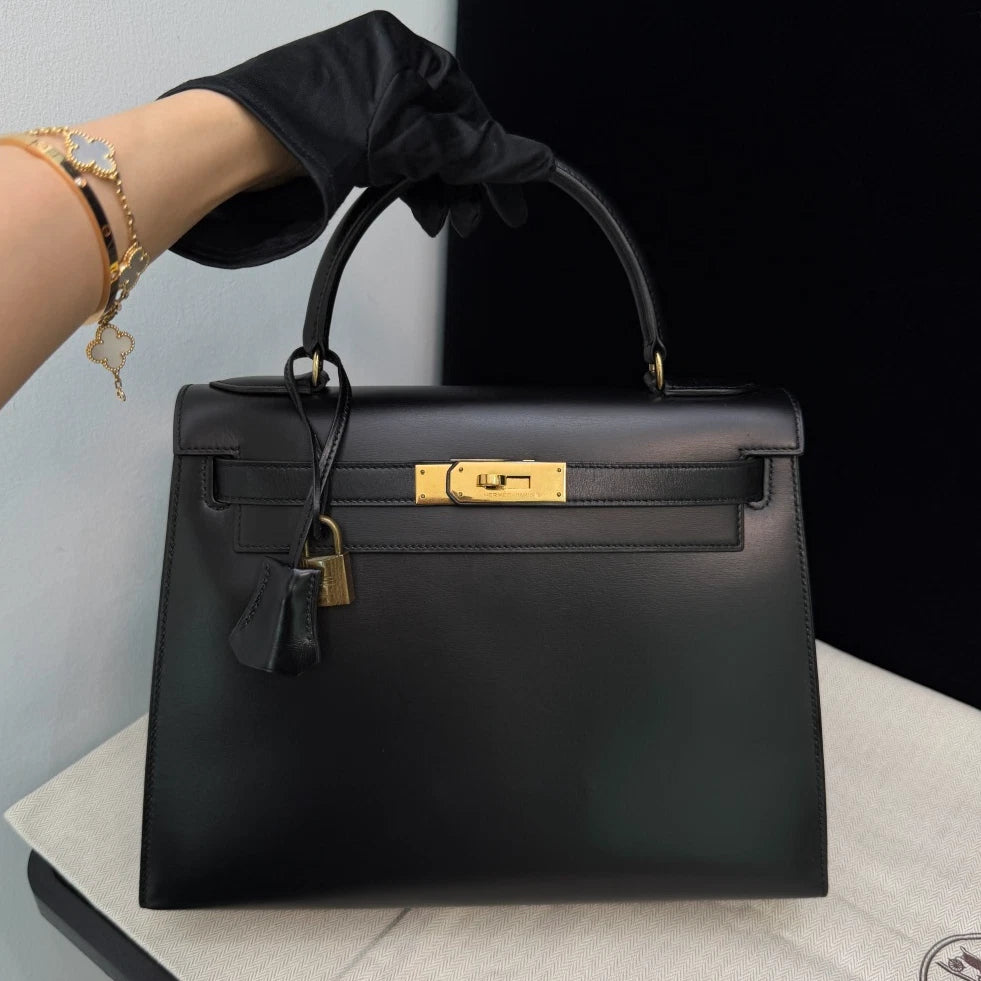 Authentic Hermes Kelly28 Box Tote Black Handbag Gold Hardware