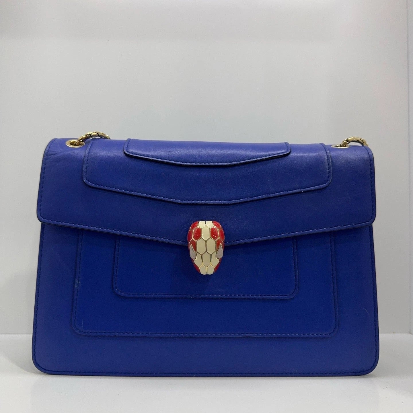 Bvlgari Enamel Snake Head Blue Leather Shoulder Crossbody Bag For Women