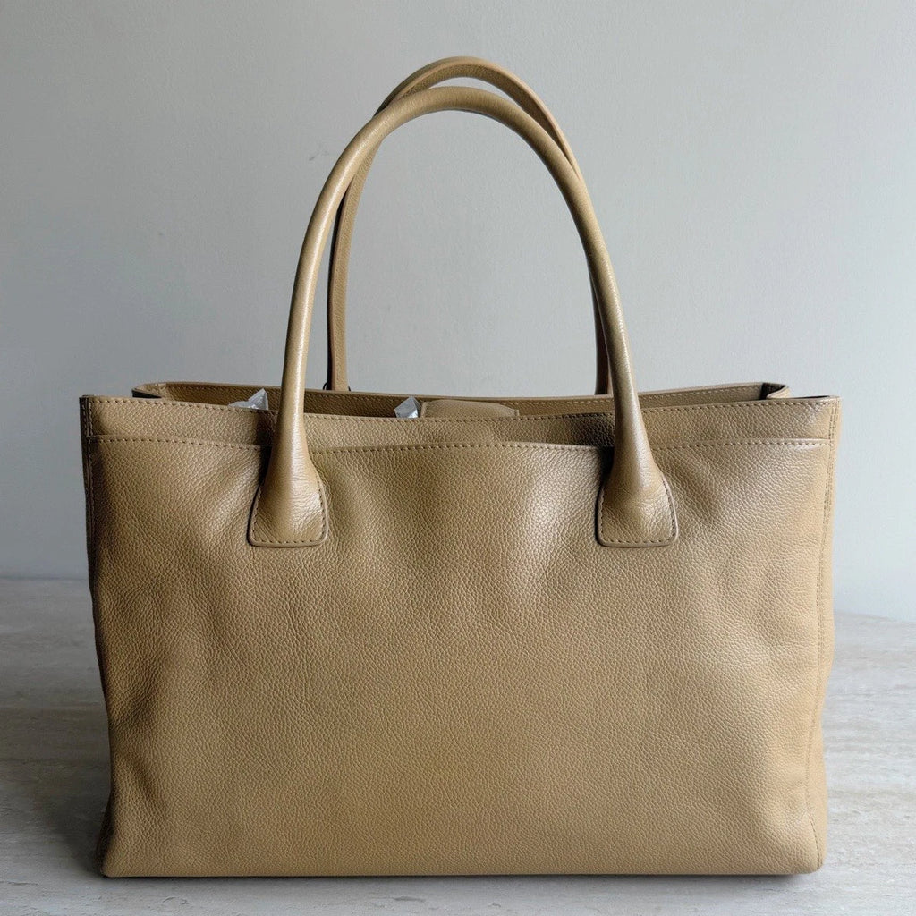 Chanel Cerf Calfskin Leather Tote Beige Handbag Gold Hardware Turn Lock