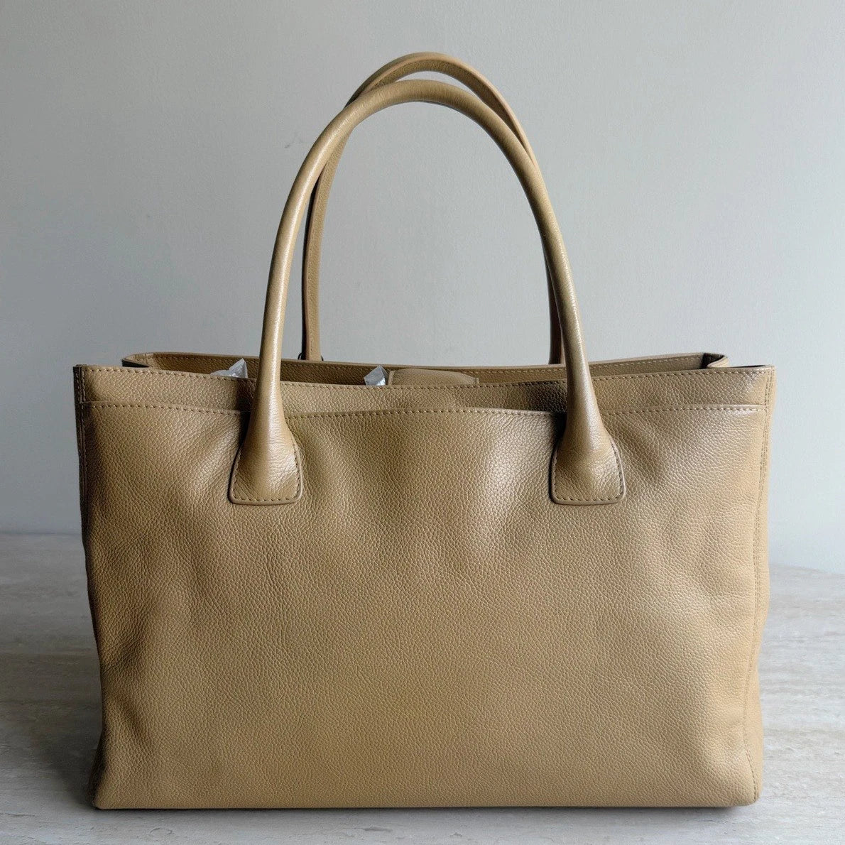 Chanel Cerf Calfskin Leather Tote Beige Handbag Gold Hardware Turn Lock