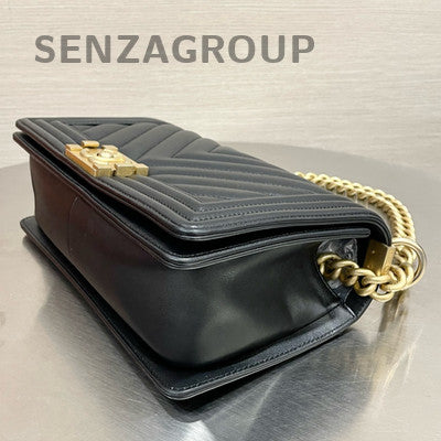 Chanel Le Boy Black Calfskin V-Stitch Medium Chain Shoulder Bag Classic