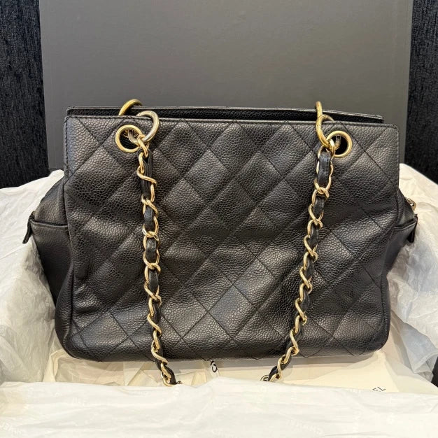 Chanel Calfskin Tote Chain Diamond Shoulder Bag Black Gold Women Classic D