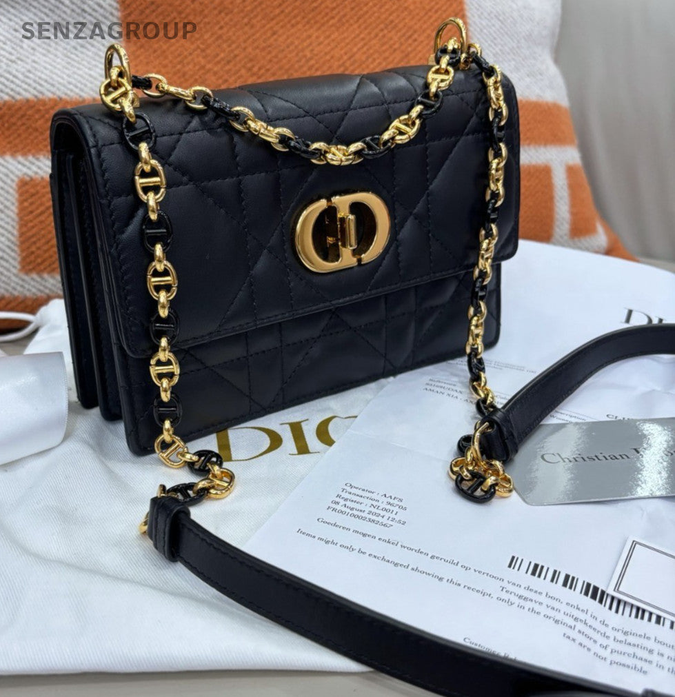 Christian Dior Caro Classic Logo Chain SHoulder bag Crossbody Black Gold Women
