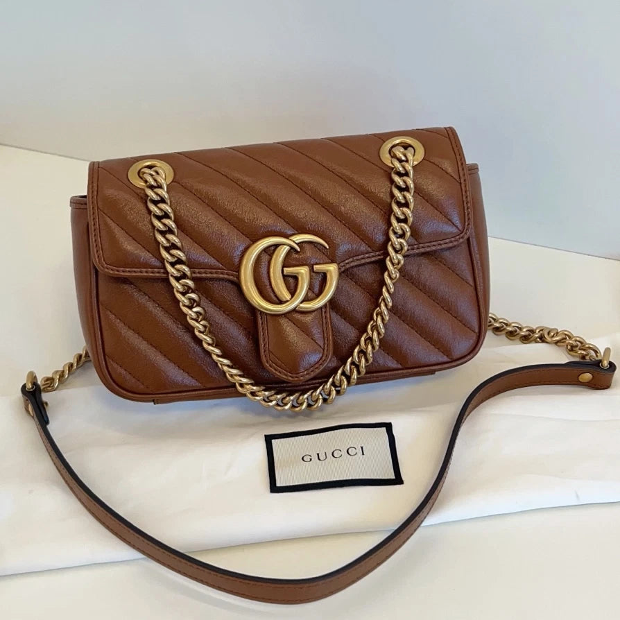 Gucci Marmont 22 Chain Shoulder Crossbody Bag Brown Gold Hardware Women