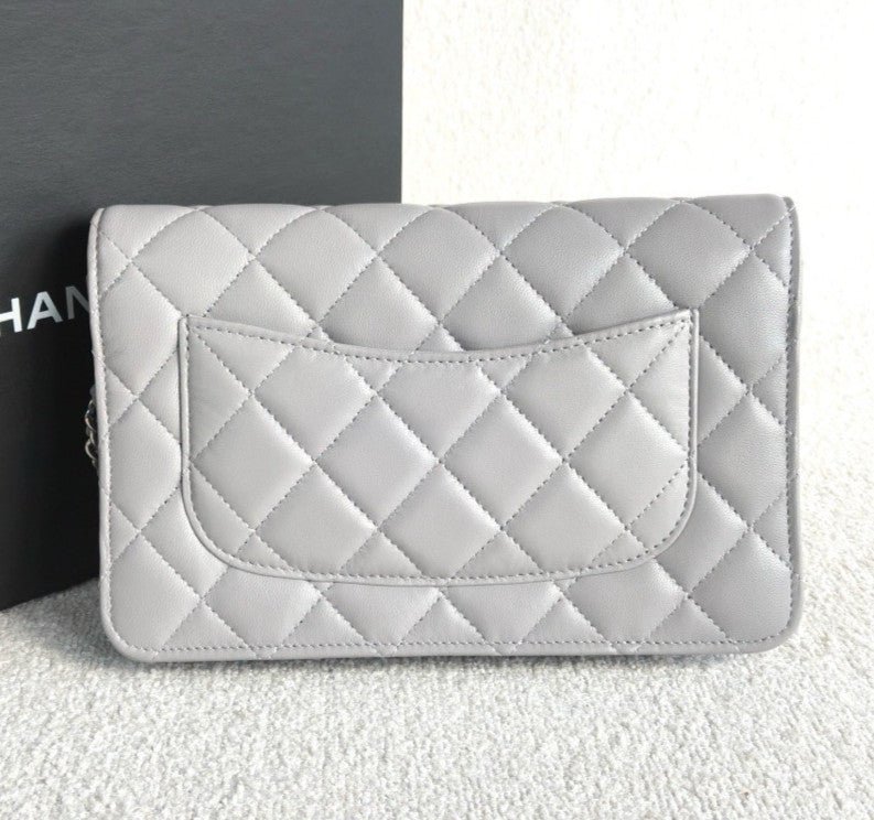 Chanel WOC Lambskin Chain Shoulder Bag Crossbody Gray Silver Women Classic