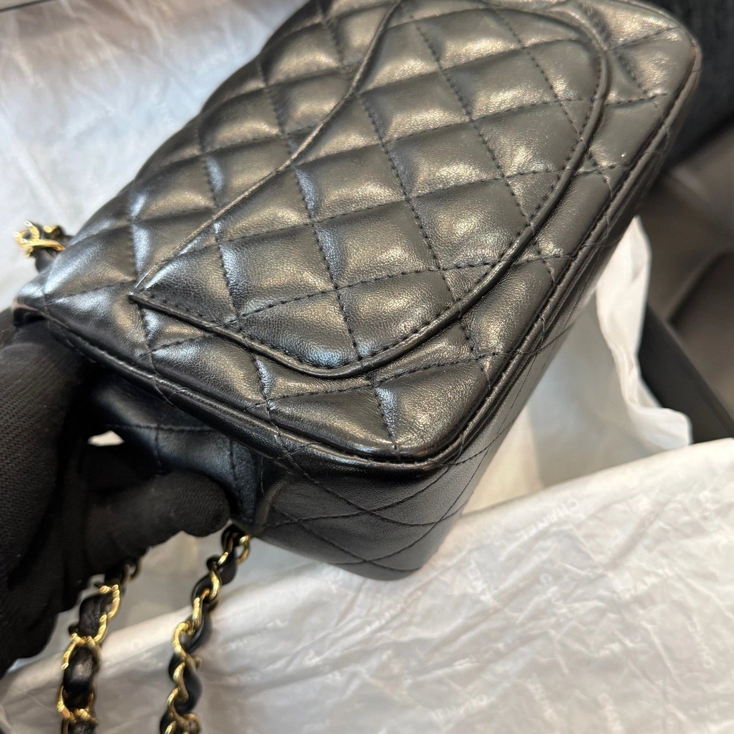 Chanel Classic Flap Lambskin Chain Shoulder Crossbody Black Gold Women Diamond