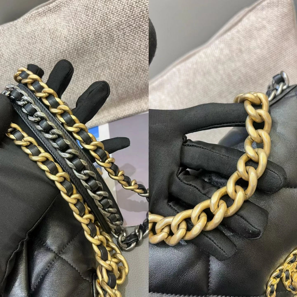 Chanel 19Bag PM Chain Top Handle Crossbody Black Gold Diamond Women Classic