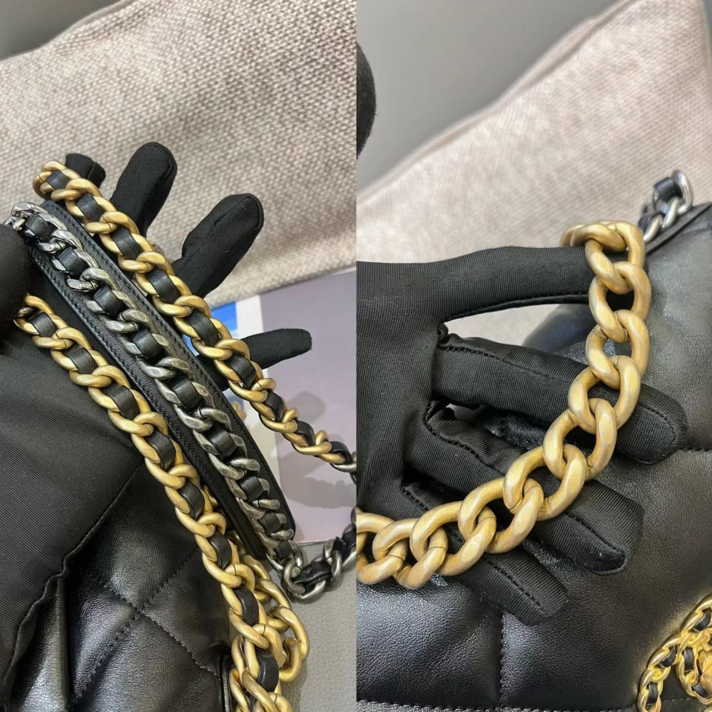 Chanel 19Bag PM Chain Top Handle Crossbody Black Gold Diamond Women Classic