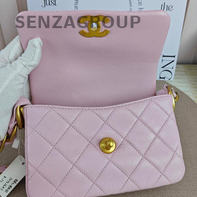 Chanel 24S Light Pink Gold Chain Hobo Shoulder Bag Quilted Pattern