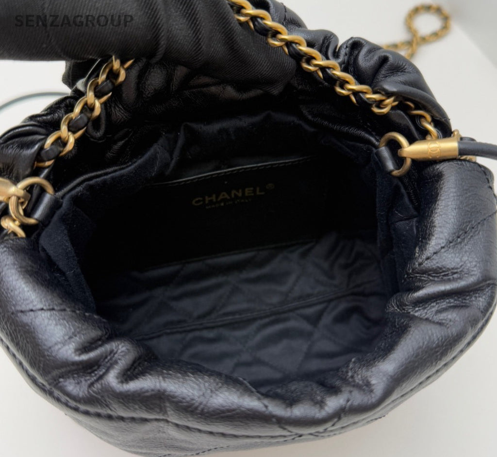 Chanel 22 Mini Calfskin Pearl Chain Shoulder Bag Crossbody Black Gold Women