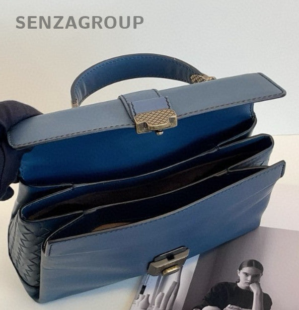 Bottega Veneta Piazza Top Handle Bag Blue Silver Used Women Classic