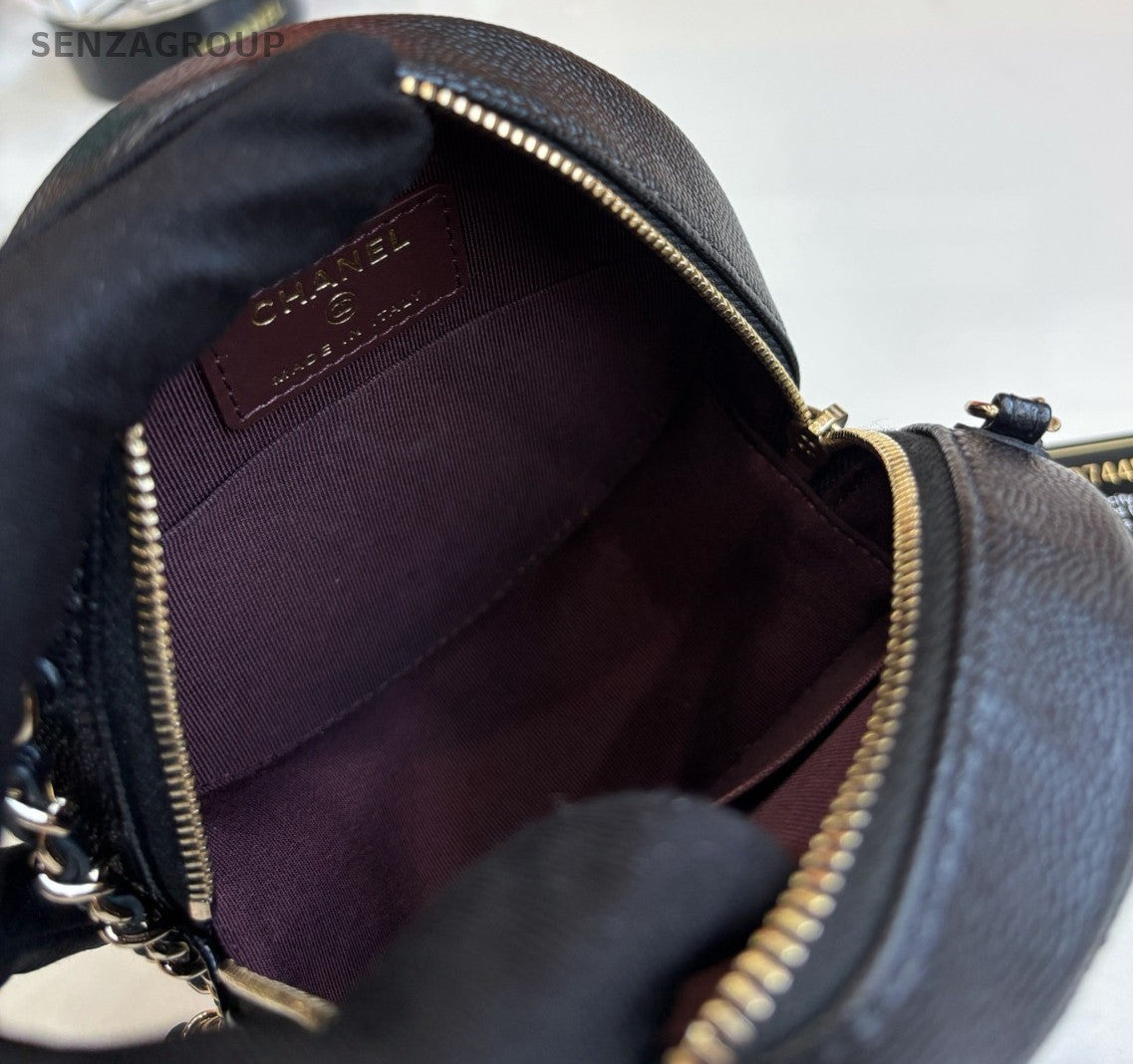 Chanel Caviar Leather Mini Round Flap Shoulder Crossbody Bag Black Women