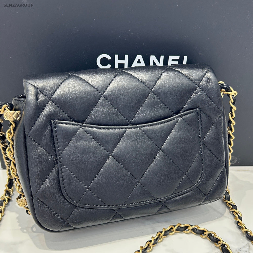 Chanel 23B Black Gold Chain Flap Bag Lamb Leather Classic Women Shoulder Bag