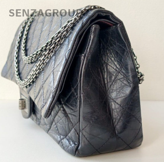 Chanel 2.55 Chain Calfskin Shoulder Bag Black Silver Women Classic Diamond