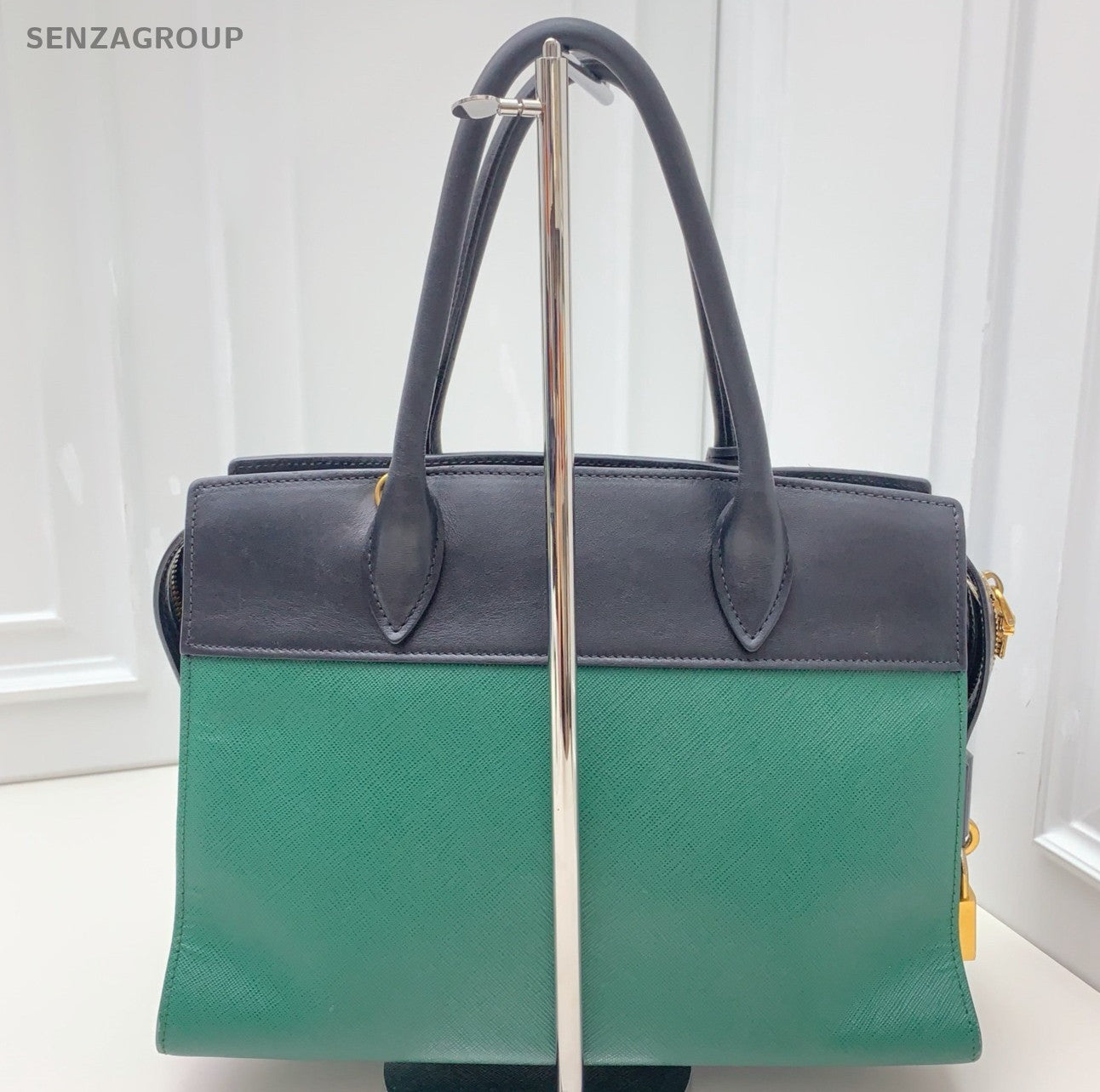 Prada Galleria 2Way Handbag Shoulder Bag Green Black Gold Women Classic