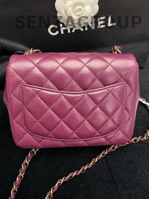 Chanel Red Lambskin Mini Square Flap Bag Gold Hardware Chain Strap
