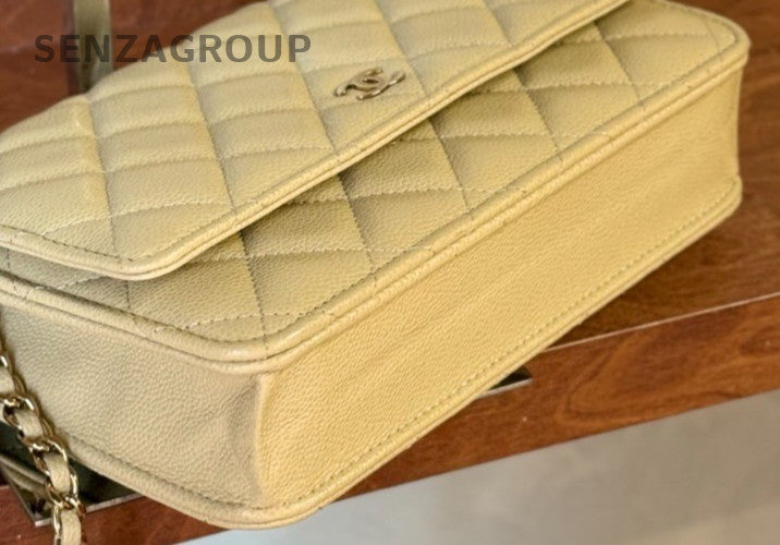 Chanel WOC Calfskin Diamond Chain Shoulder Bag Yellow Gold Used Women Classic