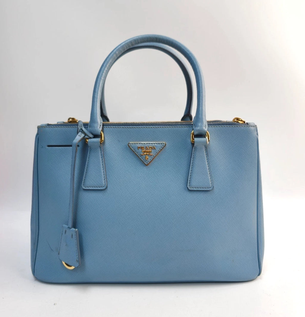 Prada Galleria 2Way Top Handle Bag Crossbody Blue Gold Used Women Classic