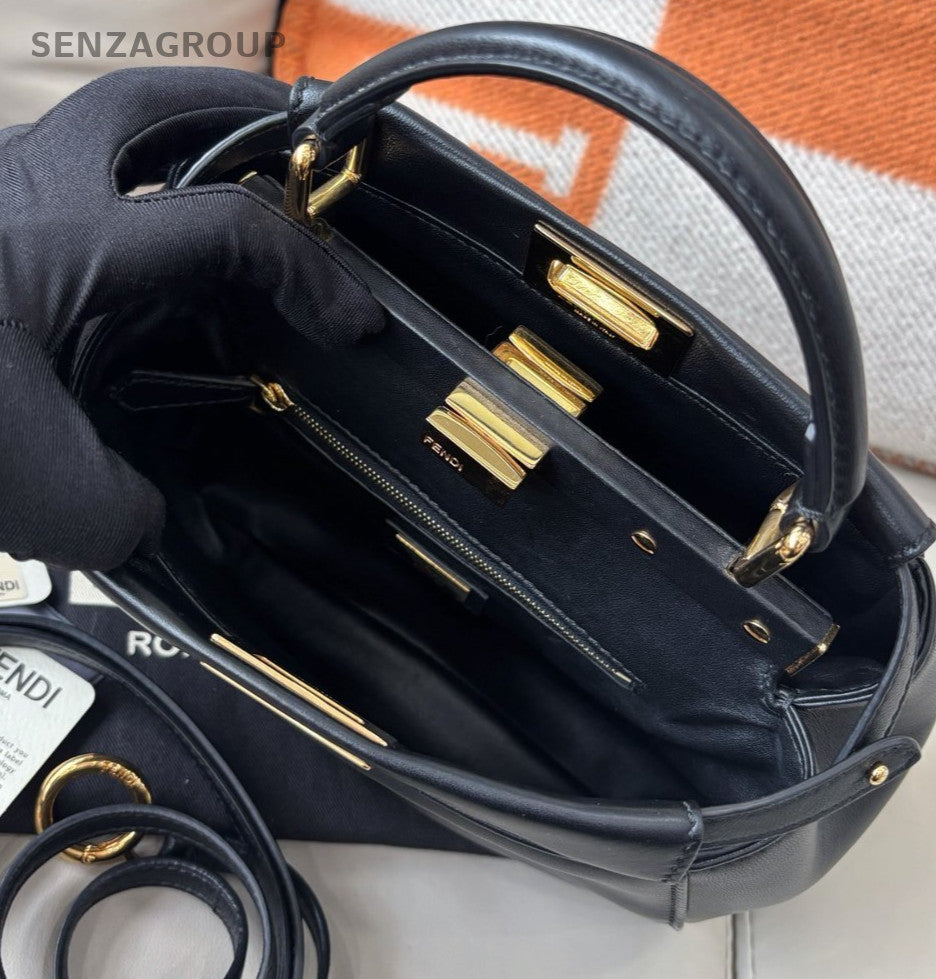 Fendi peekaboo PM Top Handle Shoulder Crossbody Bag Black Gold Almost Brand New