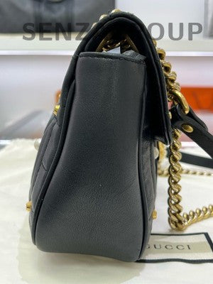 Gucci Marmont 26 Black Gold Pearl Chain Shoulder Crossbody Bag Medium