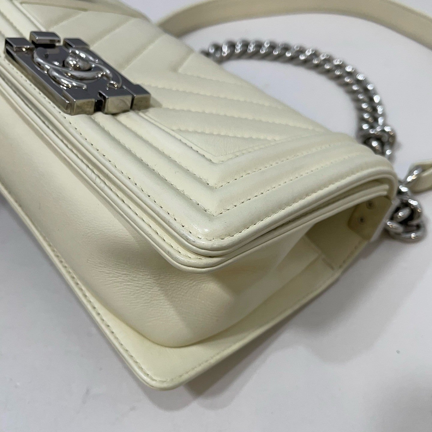 Chanel Leboy PM Chain Shoulder Bag White Silver Women Classic Fashion