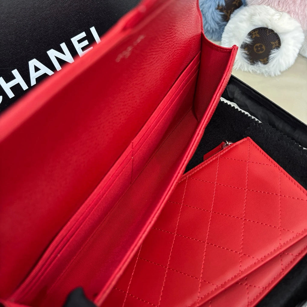 Chanel Calfskin Diamond Clutch Red Silver Women Classic