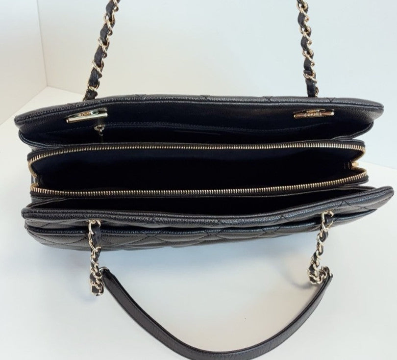 Chanel Calfskin PM Tote Chain Shoulder Bag Black Gold Women Classic Diamond