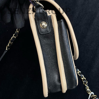 Chanel Beige Black Silver Chain Phone Crossbody Bag Quilted Women's Fashion