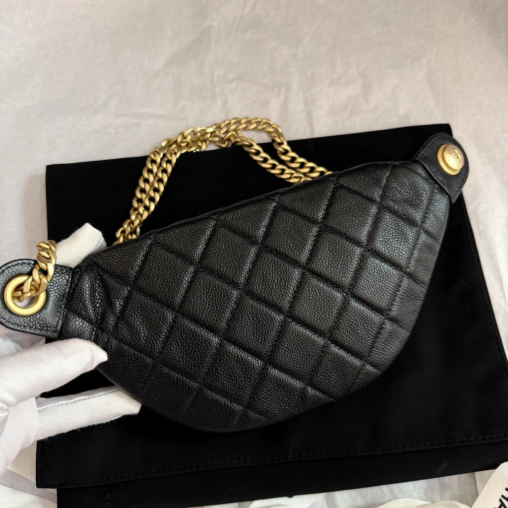Chanel Diamond Chain Waist Bag Shoulder Crossbody Black Gold Diamond Women