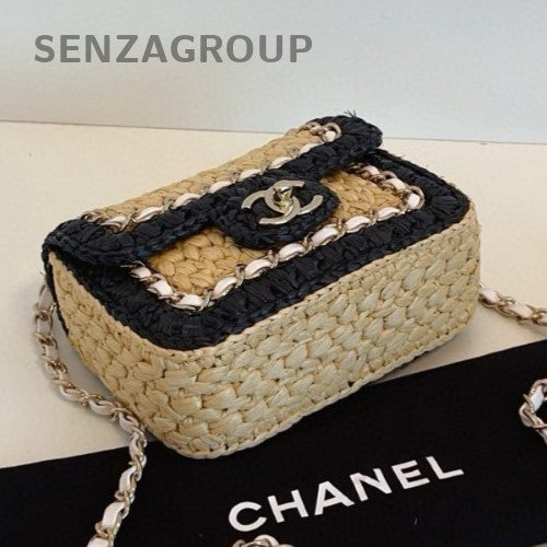Chanel 24C Raffia Chain Shoulder Bag Crossbody Black Silver Used Women Classic
