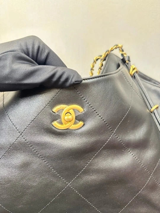 CHANEL 25s Maxi Tote Shopping Bag Black Gold Soft Calfskin Women