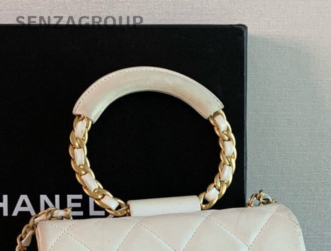 Chanel  Classic Flap 20C Chain Top Handle Bag Crossbody White Gold Used Women
