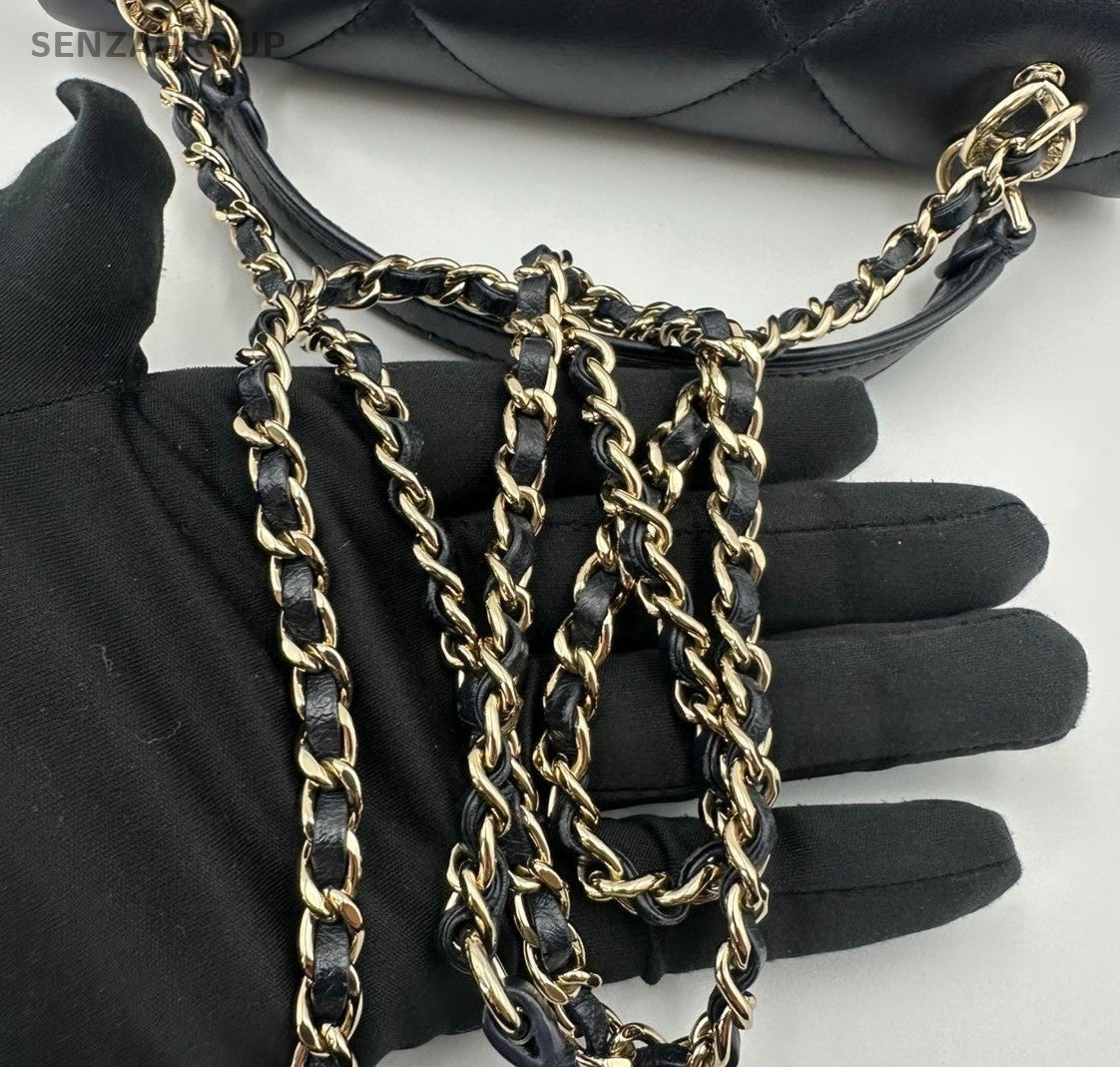 Chanel Classic Flap Mini Lambskin Top Handle Chain Crossbody Navy Gold Women