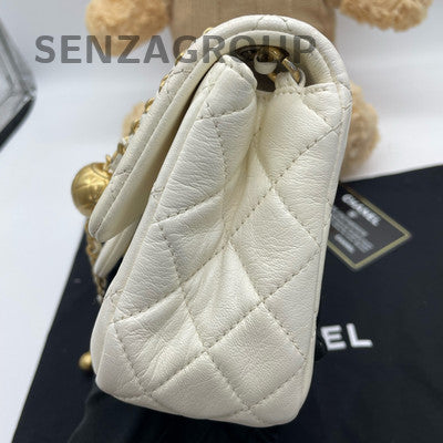 Chanel Classic Flap Gold Ball Chain Shoulder Bag White Diamond Quilted
