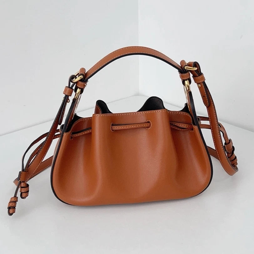 Excellent Fendi Pomodorino Bucket Top Handle Crossbody Bag Brown Gold Hardware
