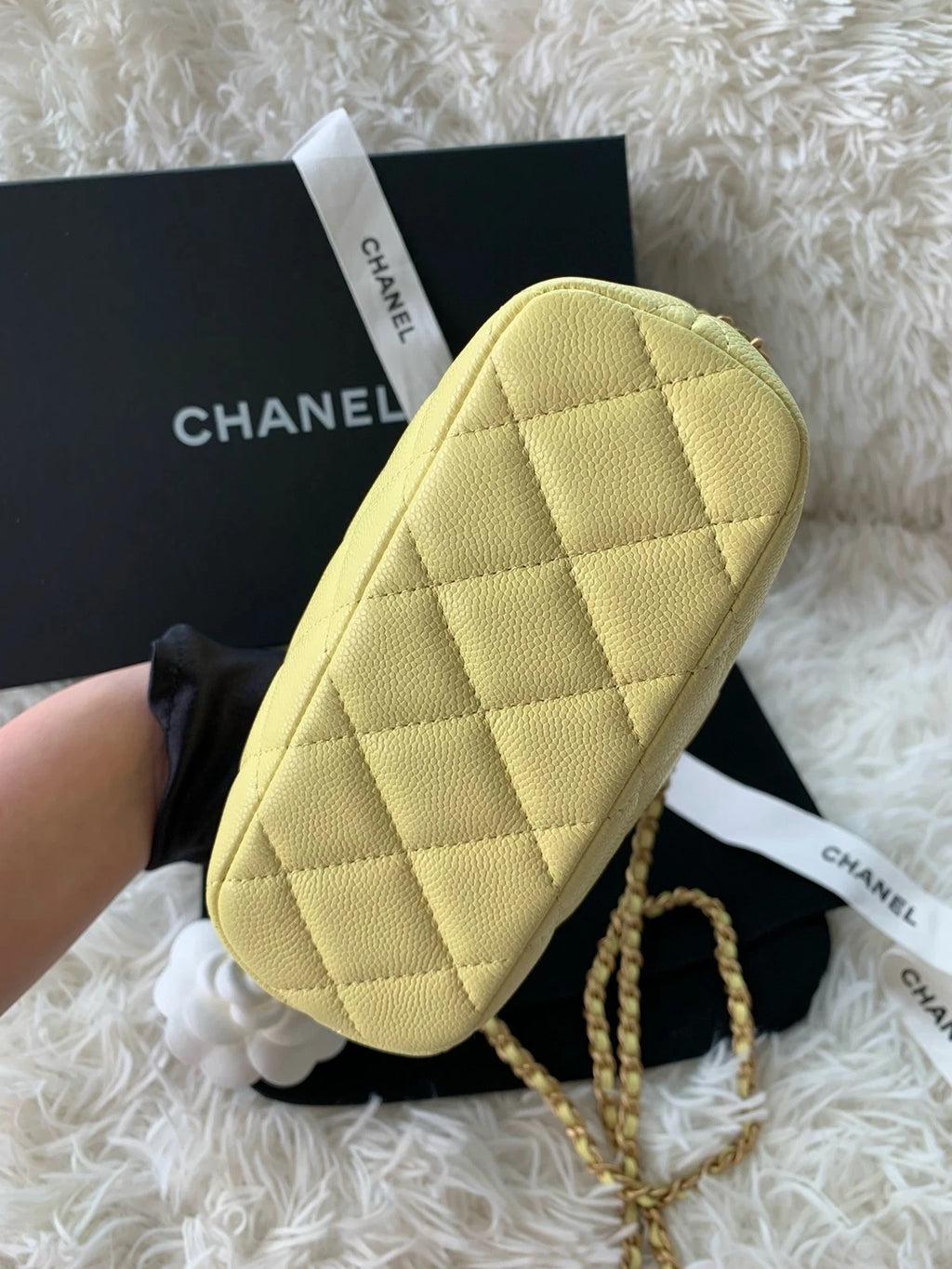 CHANEL Yellow Calfskin Logo Top Handle Lunch Box Bag For Women