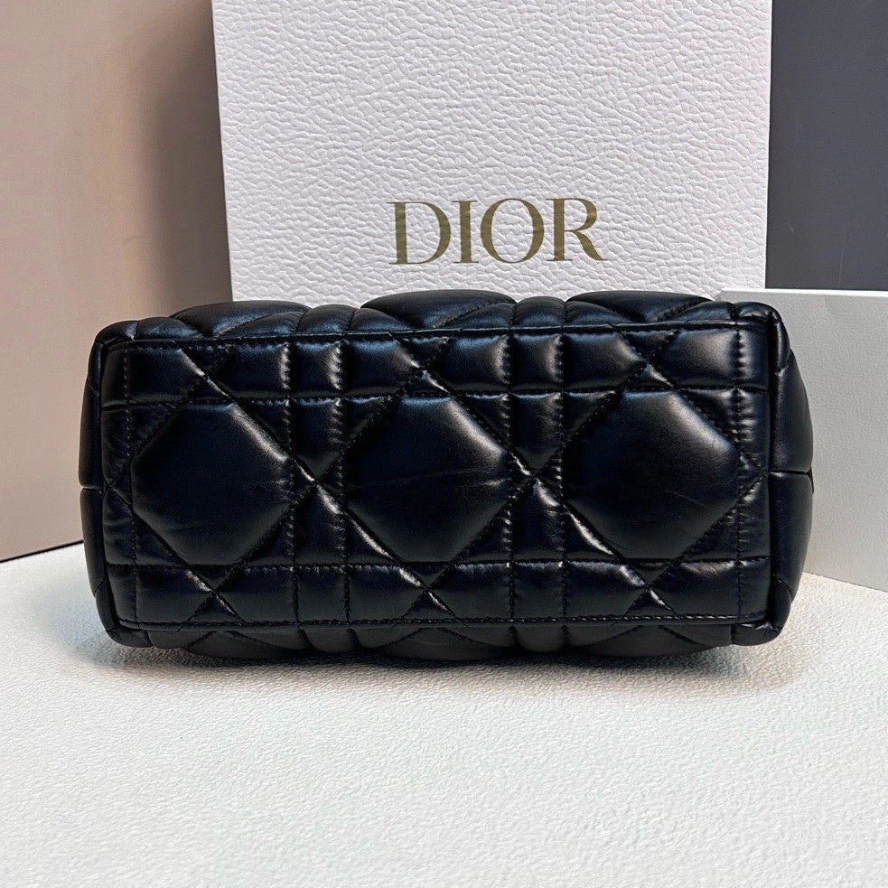 Excellent Christian Dior Travel Calfskin MM Hobo Black Handbag Shoulder Bag Gold