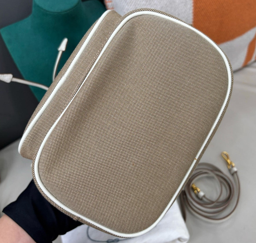 Prada Canvas Drawstring Bucket Top Handle Bag Crossbody Brown White Gold Women