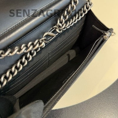 Chanel Black Silver Calfskin Le Boy WOC Chain Crossbody Bag Quilted Classic