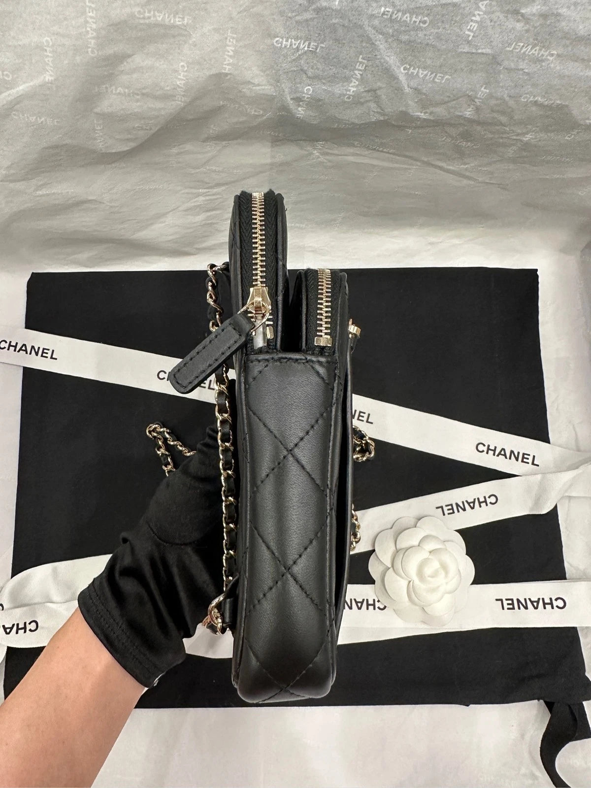 CHANEL Black Gold Lambskin Multi-card Chest Waist Bag For Women