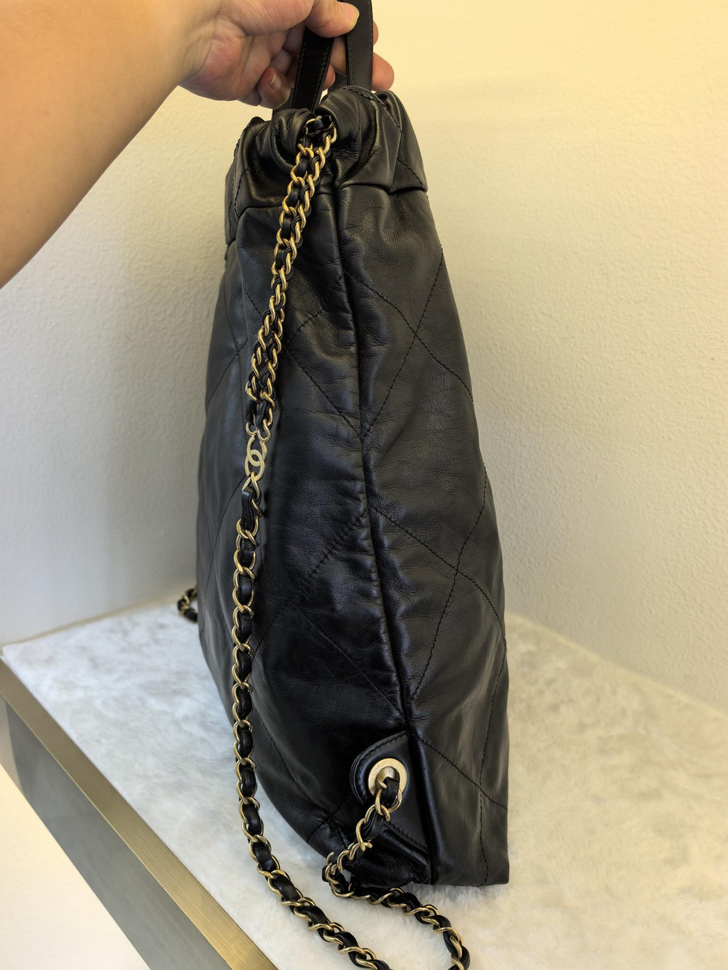 Chanel 22 Backpack Large Calfskin Black Gold Women's Classic Shoulder Bag