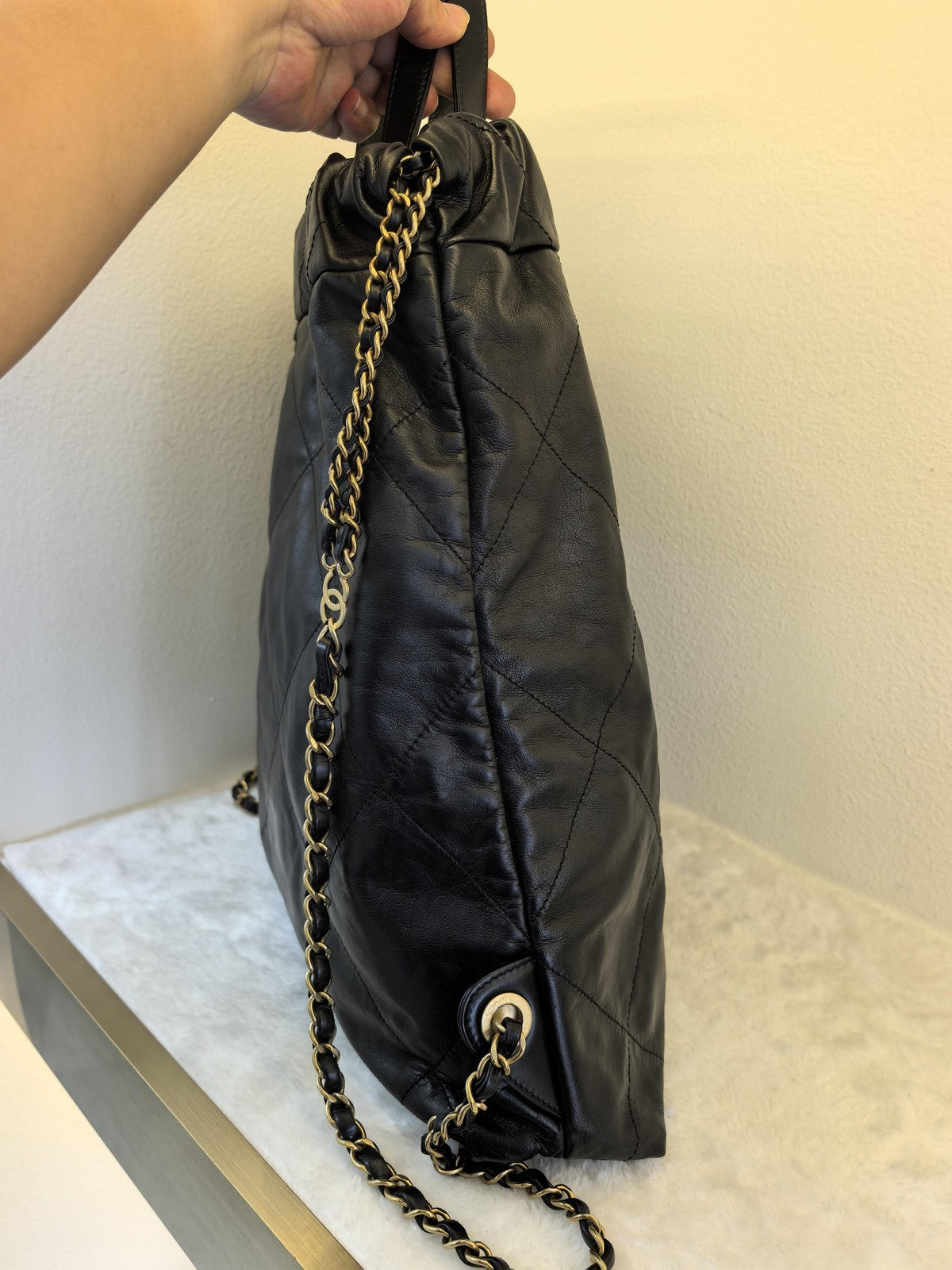 Chanel 22 Backpack Large Calfskin Black Gold Women's Classic Shoulder Bag