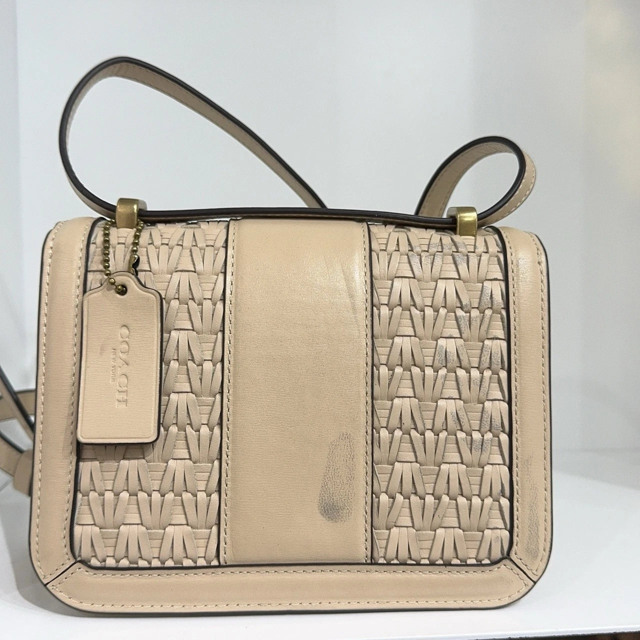 Coach Beige Leather Woven Horse Carriage Shoulder Crossbody Bag For Women