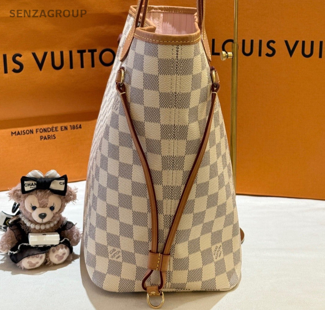 Louis Vuitton Neverfull MM White Damier Tote Shoulder Bag Women Classic