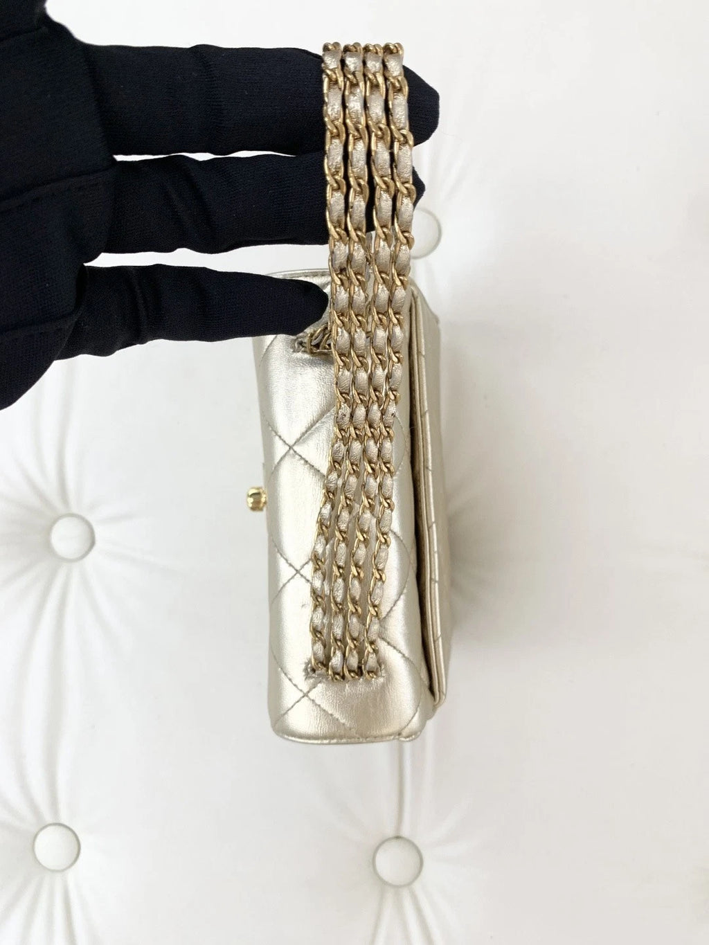 Chanel Lambskin Chain Top Handle Bag Diamond Gold Women Classic S