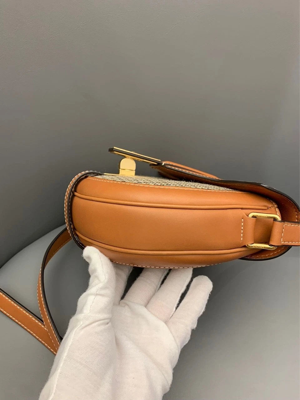CELINE Besace PM Saddle Bag Brown Fabric Leather Crossbody Bag For Women